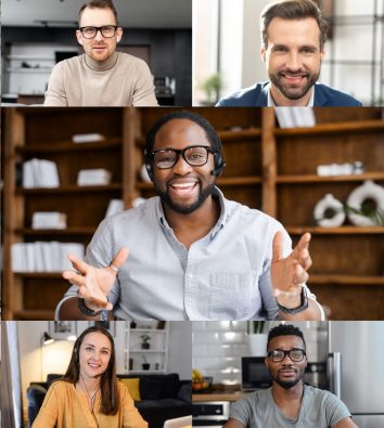 Confident African male business coach holding online webinar, a group of diverse people involved. Online video meeting of multinational work team, video call screen with a many people profiles on it